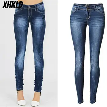 

Jeans Women Scratched Line Patchwork Plus Size Brand New Low Waist Stretch Skinny Pants Jeans For Women Denim