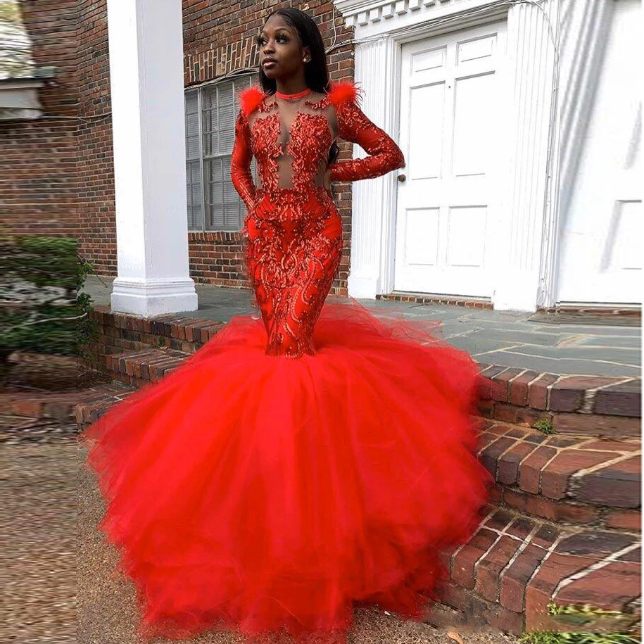 High Neck Long Red Mermaid Prom Dress Long Sleeve - Bridelily