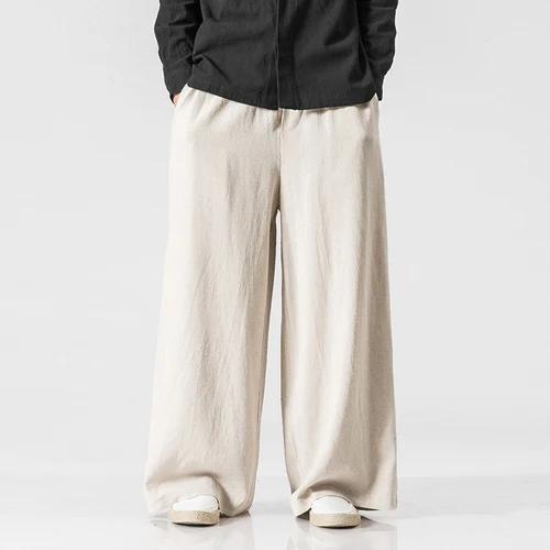 Beige Pants Мужские Широкие брюки винтажные повседневные брюки китайский стиль льняной эластичный корсаж свободные плюс размер однотонные противомоскитные штаны - Цвет: Beige Pants