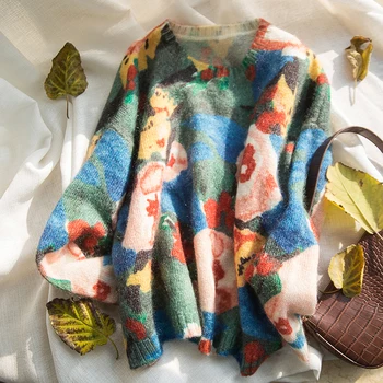 

Women Sweater autumn and Winter New Oil Painting Printing Color Loose and Thin Knitted Wool Sweater