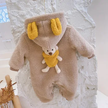 

Winter Warm Lamb Wool Newborn Baby Girls Cute Bear Hooded Thick Fleece Rompers Infant Boy Jumpsuits Toddler Kids Clothes + Scraf