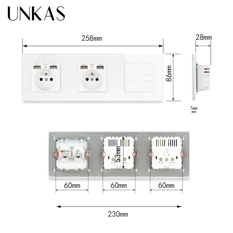 Двойная французская стандартная розетка UNKAS со стеклянной панелью и 4 USB портами