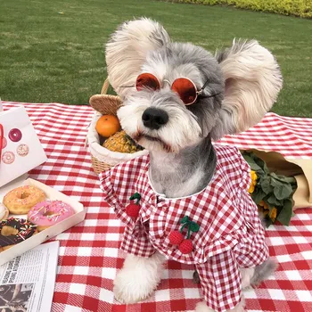

Dog clothes small dogs flower plaid cherry cute shirt summer thin section Bomei Corgi Shiba Inu Teddy Schnauzer pet clothes
