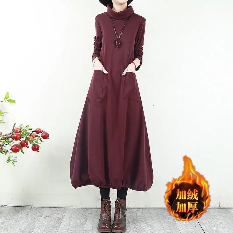 

Dress Women Autumn Winter New Literature And Art Dresses Ladies No Velvet/Add Velvet Long Sleeve Dress 4XLC1653