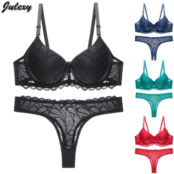 

Julexy New 2020 Sexy thong Women Bra Set B C Cup Hollow Out Underwear Panty Set Push Up Solid Lace Bra Brief Sets Intimates