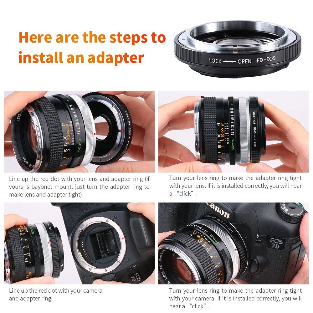K&F CONCEPT Camera Lens Adapter Ring For Canon FD Lens To EOS Camera 7D 550D 500D 6D With Glass Cap Focus To Infinity
