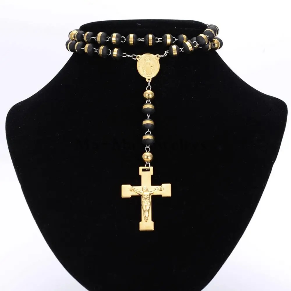 Mens or Womens Jewelry Black Gold Stainless Steel 8mm Silicone Rosary Chain Cross Pendant Necklace 28