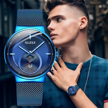 

OLEVS 2020 New Fashion Men Watches Simple Blue Waterproof Date Quartz Watch Men Ultra-Thin Mesh Steel Sport Clock