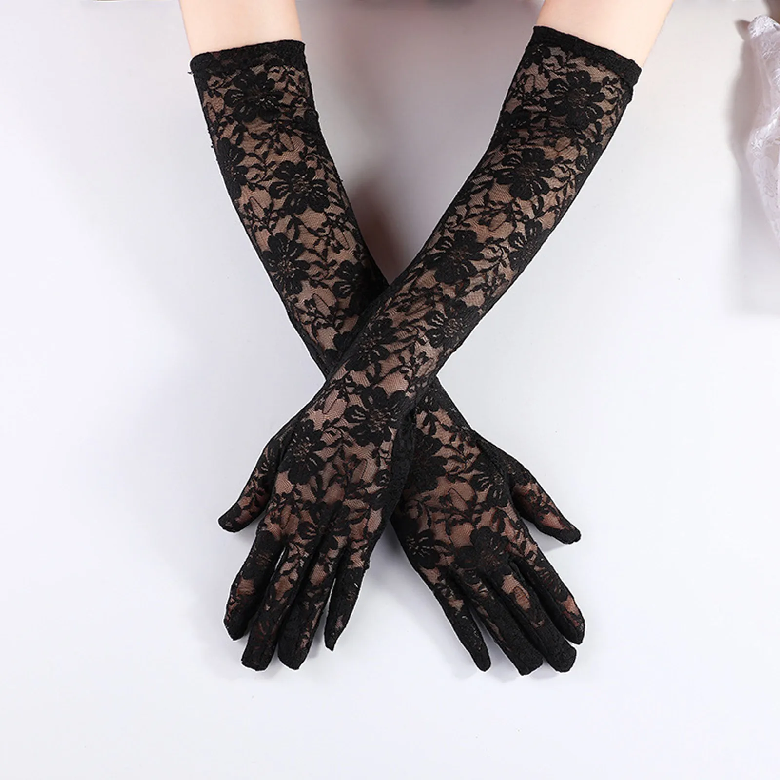 Black Lace Long Gloves Pierced Elbow Length Satin Gloves Stretchy Opera