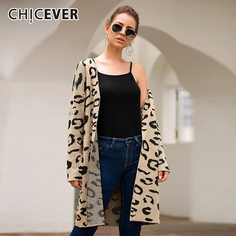 

CHIEVER Autumn Leopard Jumper Cardigan Coat Female V Neck Loose Full Length Sweaters For Women 2019 Fashion New Clothes Korean