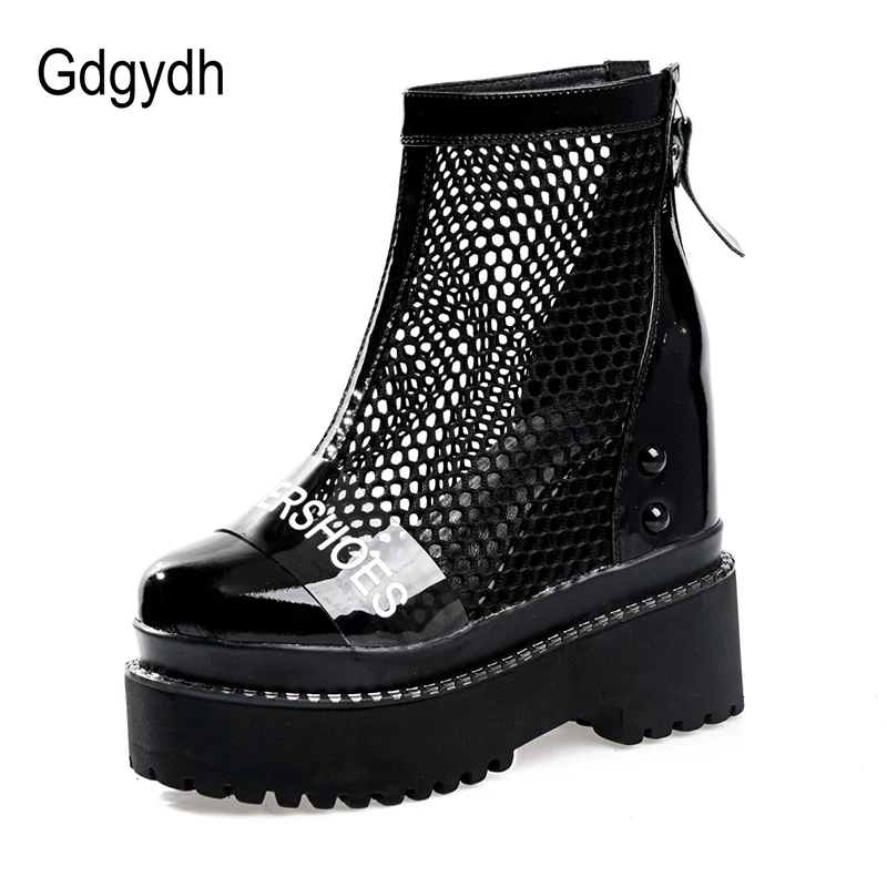 

Gdgydh Gothic Punk Black Summer Mesh Booties Women Height Increasing Genuine Pantent Leather Summer Shoes Hollow Out Zipper New