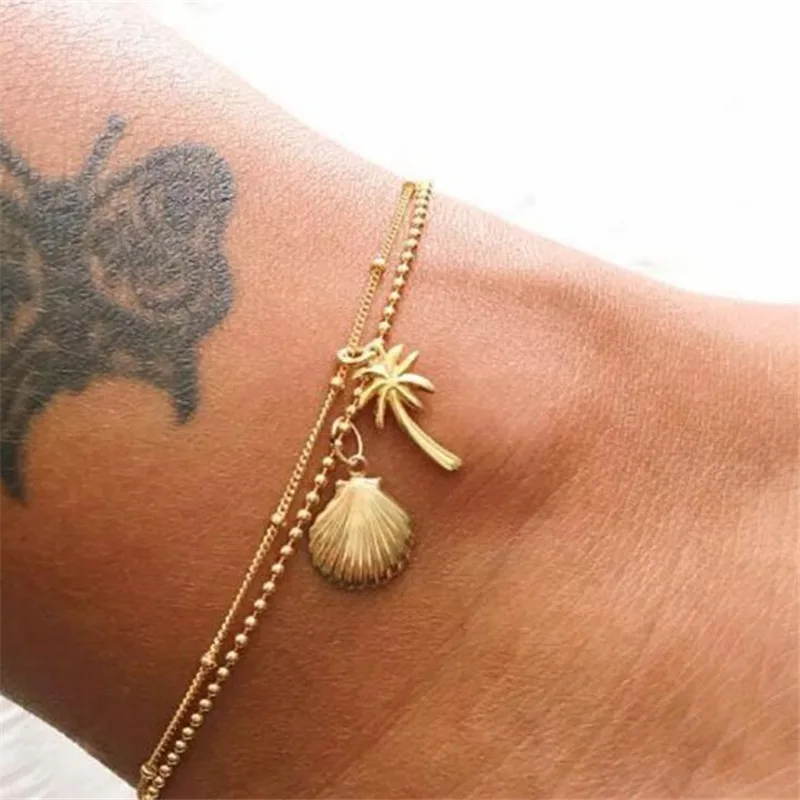 Gold Metal Shell Coconut Tree Female Anklets Barefoot Sandals Foot Summer Double Layers On Ankle Bracelets | Украшения и