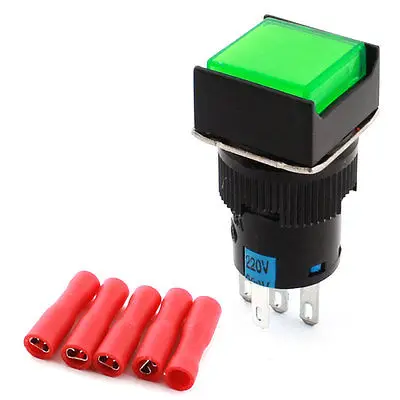 

AC 220V Green Lamp 16mm SPDT Locking Push Button Switch + 5pcs Female Terminals