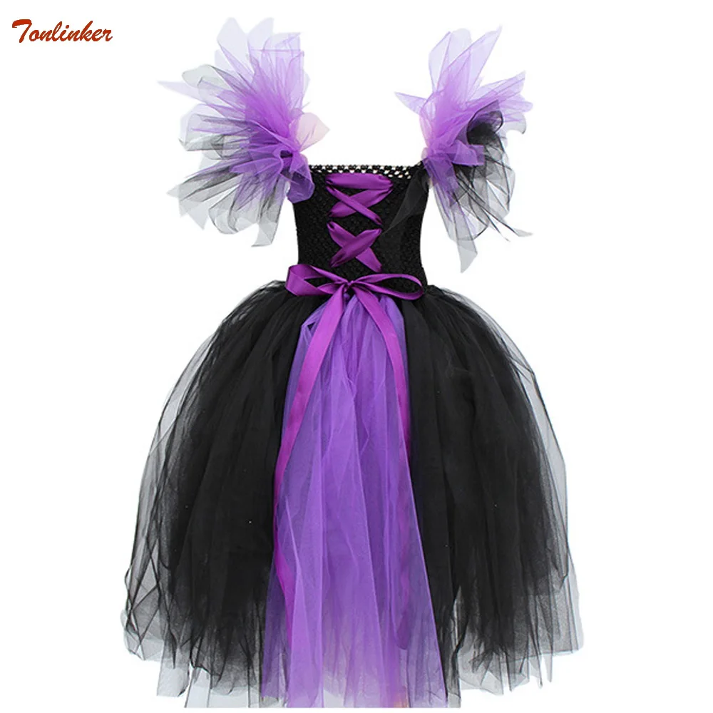 Платье-пачка волшебной ведьмы для девочек Детские вечерние костюмы для костюмированной вечеринки «злая королева» на Хэллоуин фиолетовое