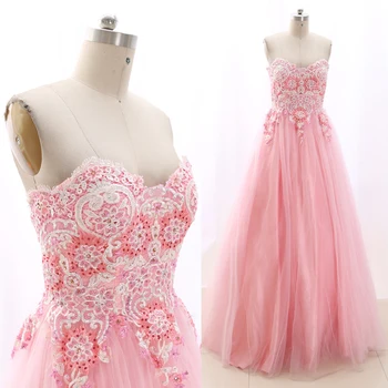 

MACloth Pink Ball Gown Strapless Floor-Length Long Embroidery Tulle Prom Dresses Dress M 268263 Clearance