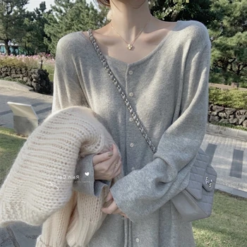 

Knitted Dress Gentle Style Inside Long Sleeve Over the Knee Sweater Dresses Korean for Women Spring Autumn Clothes