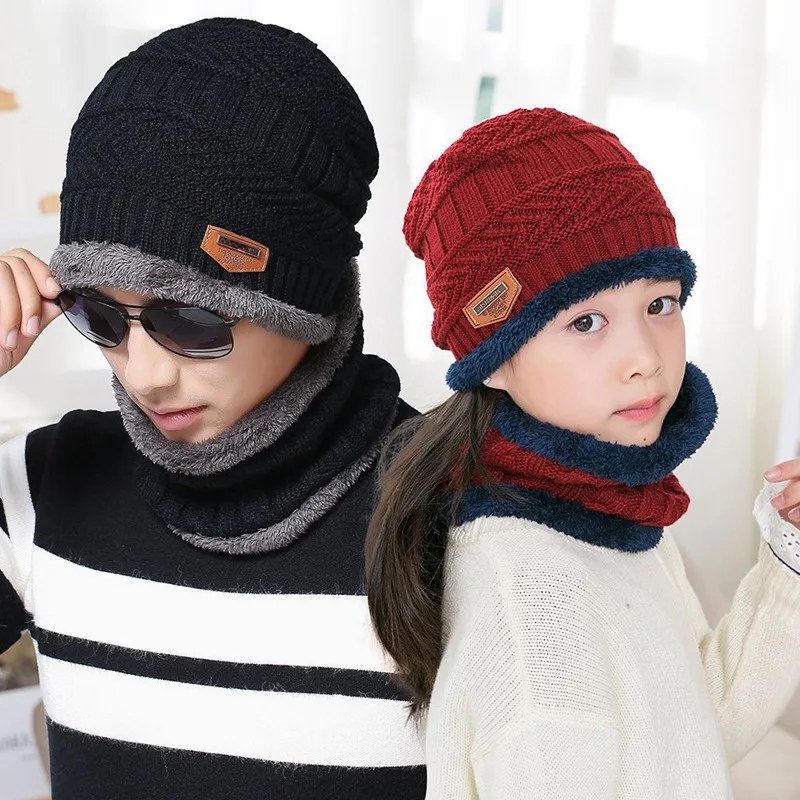 Комплект из 2 предметов, детская зимняя теплая вязаная шапка с шарфом, Skullies Beanies, для мальчиков 3-14 лет, детский спортивный комплект для улицы