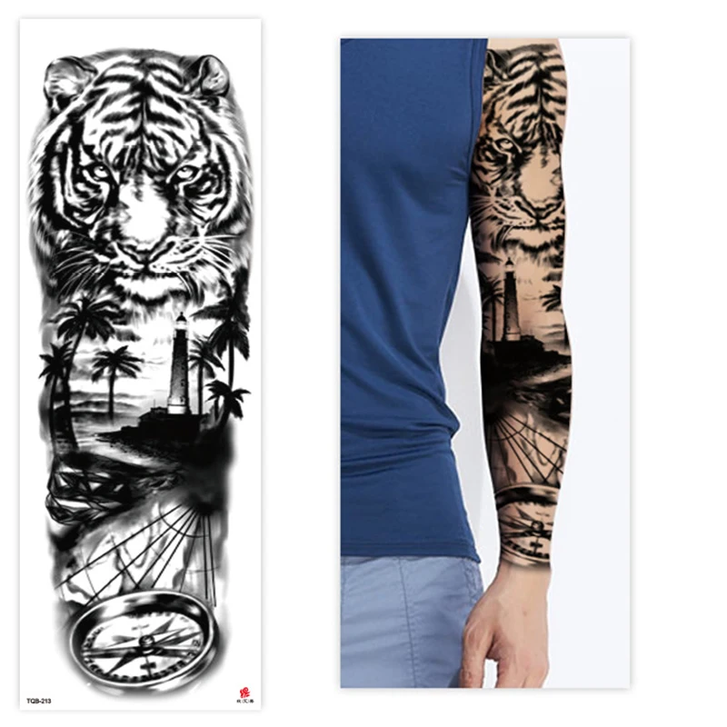 Large Arm Sleeve Tattoo Forest Tiger Compass Waterproof Temporary Tatto Sticker Rose Gun Girl Body Art Full Fake Tatoo Men | Красота и