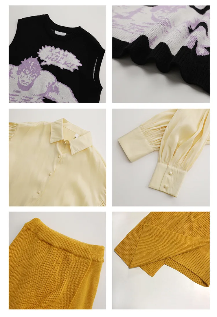 Новые модные весенне-осенние милые вязаные юбки, костюмы из 3 предметов женские свободные блузки жилет с рисунком и стандартная юбка, комплект NS585