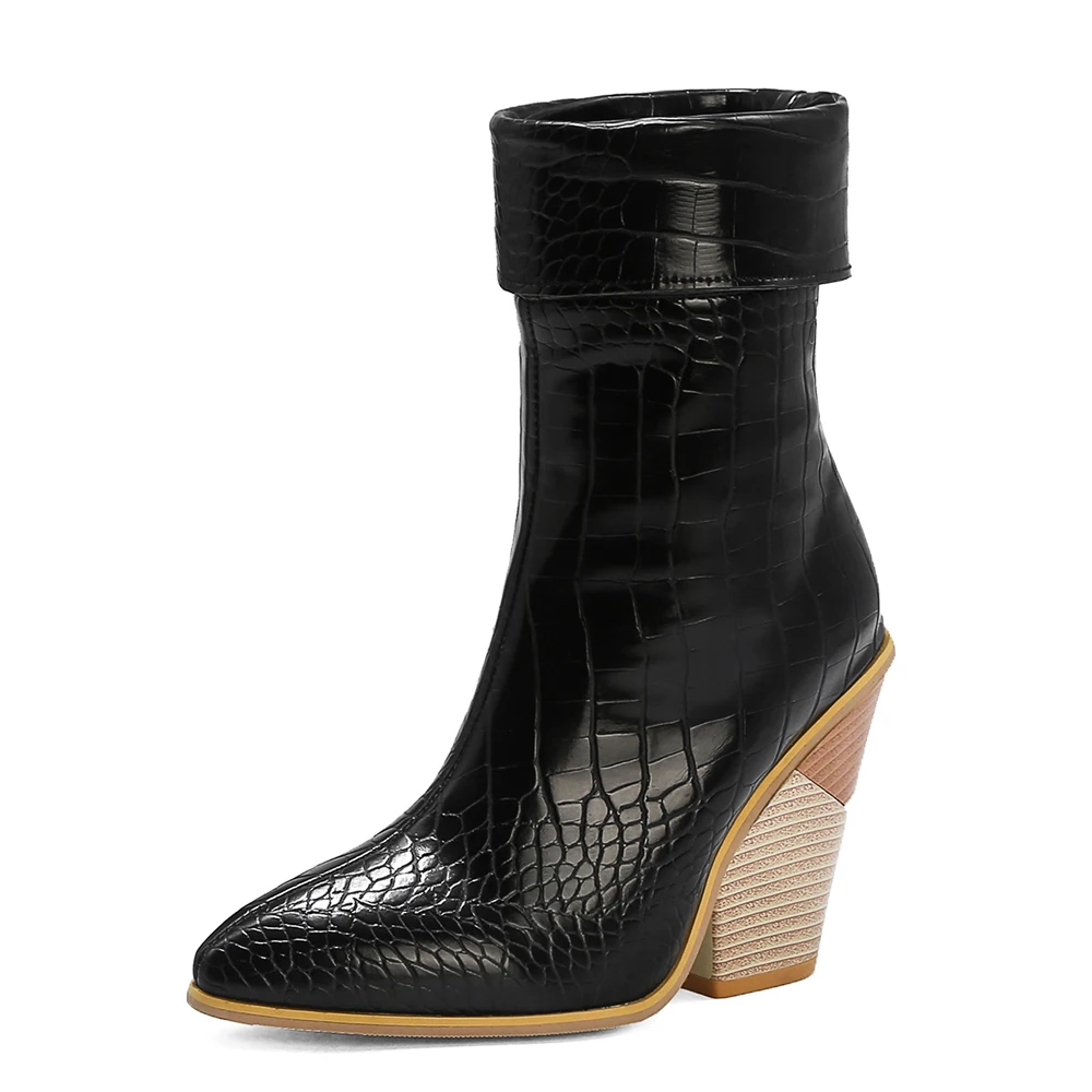 

Oversize Cuffed Stone Pattern Super High Heel Snake Pattern Mid-Calf Boots Crocodile Pattern Wedge Sleeve Womenâ€™S Boots