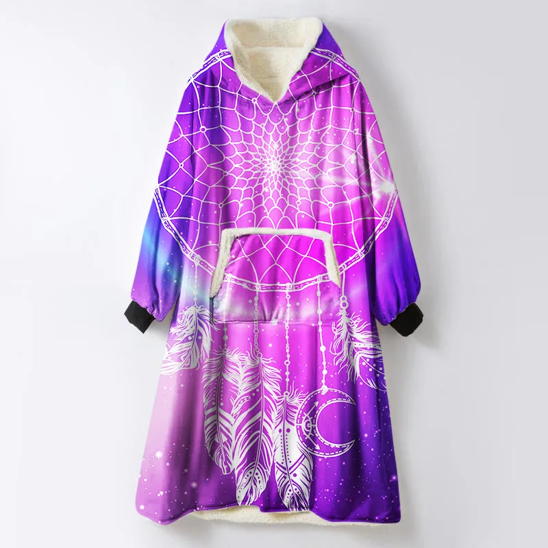 Bohemian Dream Catcher Hooded Blanket with Sleeves Starry Sky Vs Pink Sherpa Throw Blankets for Sofa Super Soft Halloween Coat