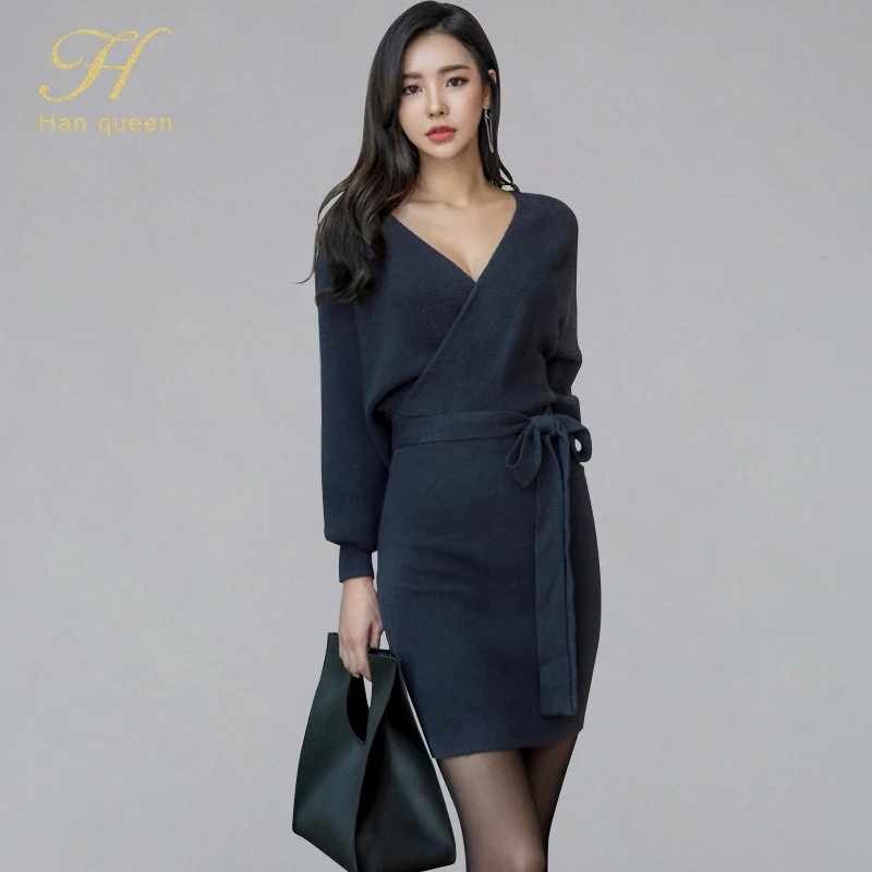 

H Han Queen Sexy V-neck Bodycon Women's Fitted Knitted Dress 2019 Autumn Batwing Sleeve Sheath Dresses OL Solid Pencil Vestidos