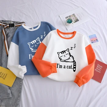 

Funny Kawaii Sleeping Cat Hoodies Women Korean Fashion Spell Color Patchwork Casual Cotton Thick Streetwear For Female Clothing