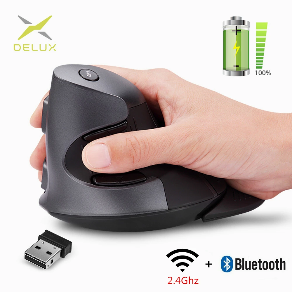 Delux M618g Rato sem Fio Vertical Recarregável Ergonômico 4000 Dpi Ratos Ópticos com Descanso de Palma Removível para Computador
