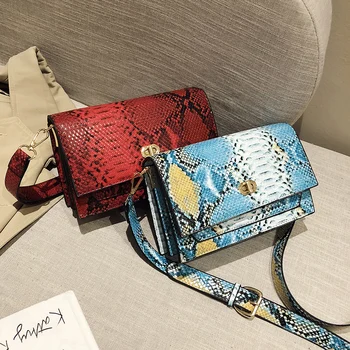 

Serpentine Women Bag PU Leather Flap Metal Buckle Square Crossbody Bags Ladies Snake Printing Shoulder Messenger Handbags