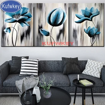 

3 Panels blue flower diamond Painting full square 5d picture round mosaic diamond art 3d cross Stitch Modern art wall stickers,