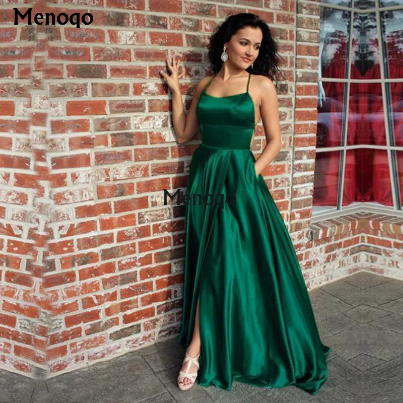 Green as Picture Elegant Spaghetti strap Satin Evening Dresses with Strap Open Back Sleeveless High Slit Luxury robe de soiree Women Party - Цвет: Green as Picture