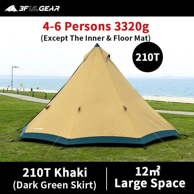 3F UL GEAR Camping 4-6 Persons TRIBE Pyramid Tipi Tent 12㎡ Large Spaces 210T/40D Waterproof Floor Mat Inner Tent Adjustable Size