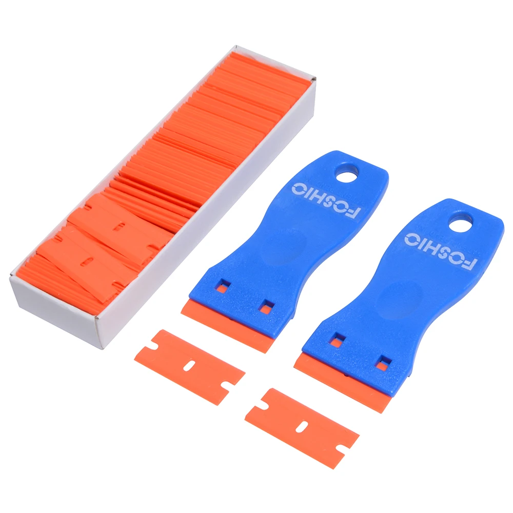 

FOSHIO 2pcs Carbon Fiber Film Clean Razor Scraper+100PCS 1.5" Double Edge Razor Blade Auto Window Tint Car Stickers Glue Remover