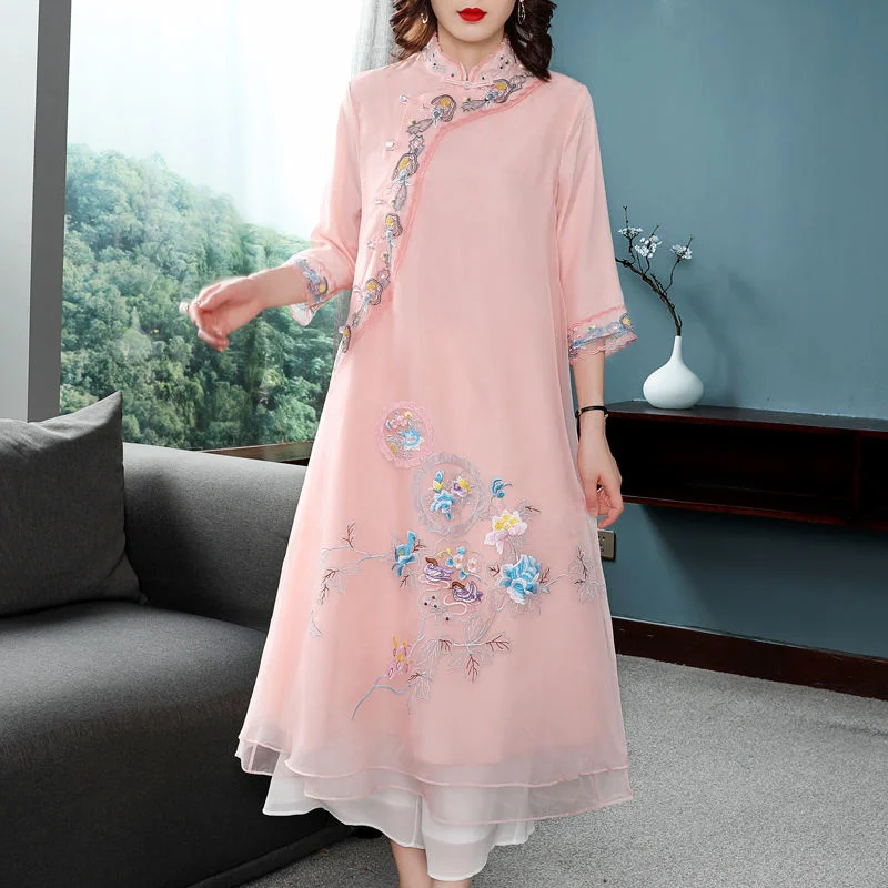 

New Chinese Dress Qipao Women Hanfu Eleganti Embroidery Cheongsam Traditional Robe Orientale Vestido Chino Mujer Pink 2022
