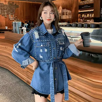 

Women Jacket And Coat Spring Beading Casual Plus Size Hole Denim With Belt Female Denim Jean Bomber Jackets Outwear Streetwear