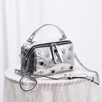 

Summer 2020 High Quality Genuine Leather Female Bag Chain Rivet Shoulder Messenger Bag Famous Designer Diamond Trend Pillow Bag