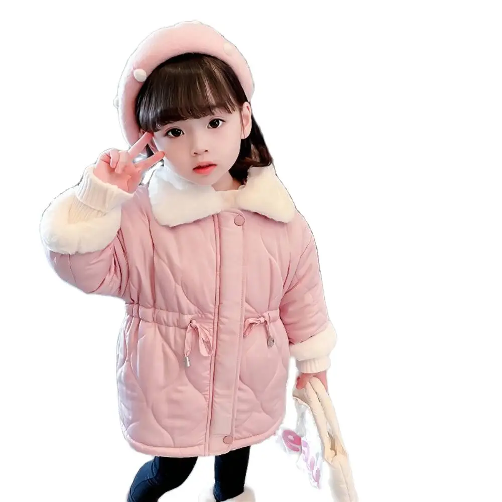 

Girls Cotton Padded Jacket Drawstring Rabbit Fur Collar Korean Baby Long Coats Children's Clothing Winter Warm Outerwear 2-6 Y