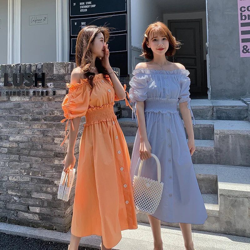 

Hipster off-Shoulder Horizontal Neck Single Breasted High-waisted Dress Waist Hugging Slimming Medium-length Dress Women's