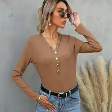 2021 Spring V Neck T Shirt Women Button Patchwork Solid Long Sleeve Slim Fit Bottoming Casual Female Tops
