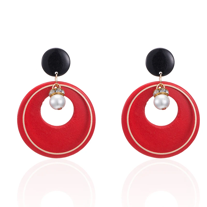 

Exaggerated Han Chao series Mosaic pattern geometry circular wooden environmental retro metal earrings