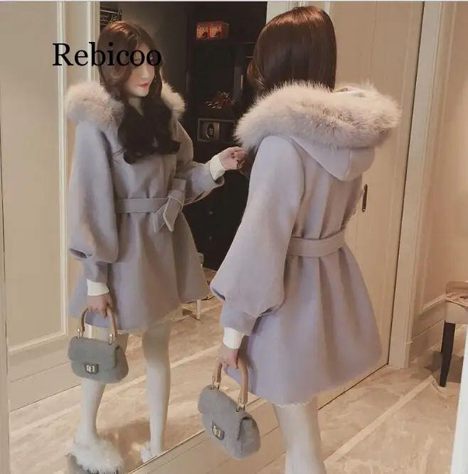 

Winter New Style Rebicoo Fur Collar Short-height Thick Woolen Jacket Women's Mid-length Waist Hugging Woolen Overcoat Fashion