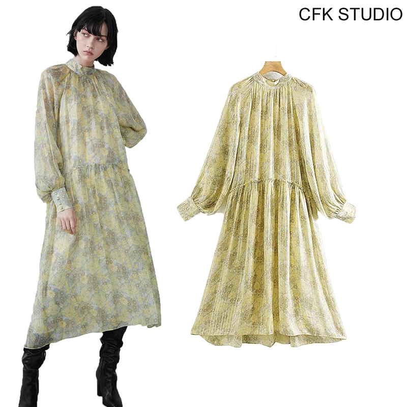 

women party mididress 2019 new o-neck long sleeve Floral printed elegant shirtdress femme casual A-line autumn loose yellow dres