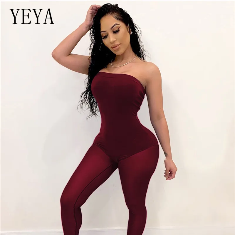 

YEYA Sexy Strapless Mesh See Though Splicing Jumpsuits Sexy Off Shoulder Night Club Party Skinny Rompers Women Bodycon Playsuit