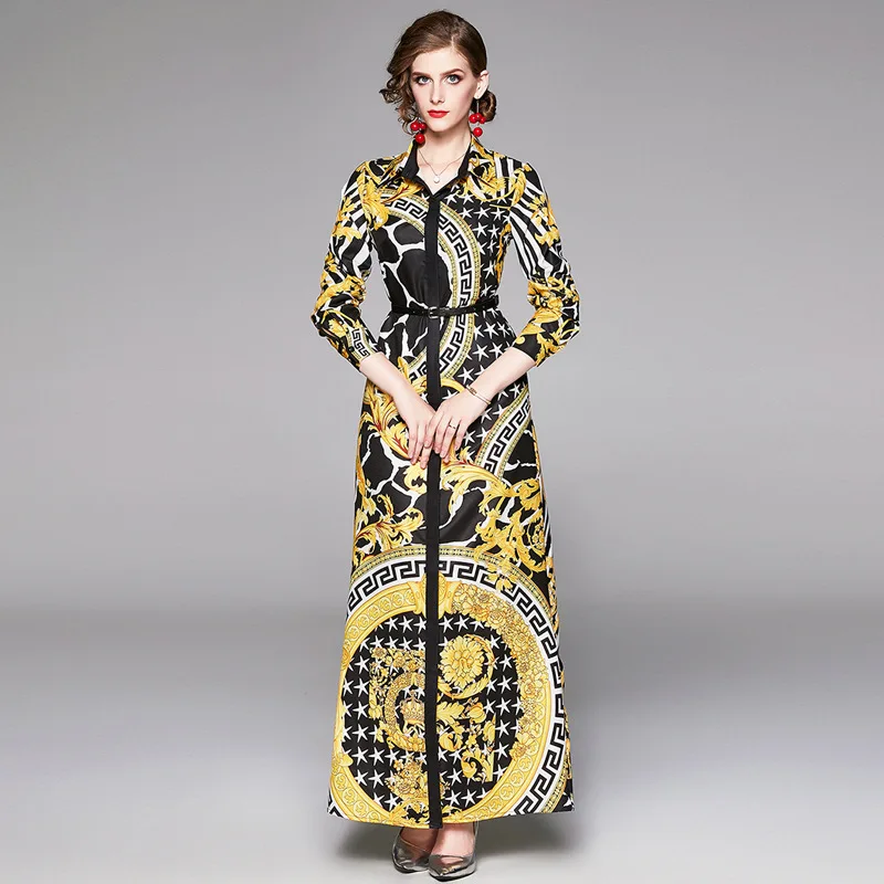 

2019 New Products Europe And America Women's Dress Printed Cardigan Fold-down Collar Long Sleeve Long Skirts Waist Hugging Dress