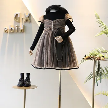 

3-7 year old girl baby fashion dress small fragrance plus velvet thickened dress fake two princess winter new children's dress