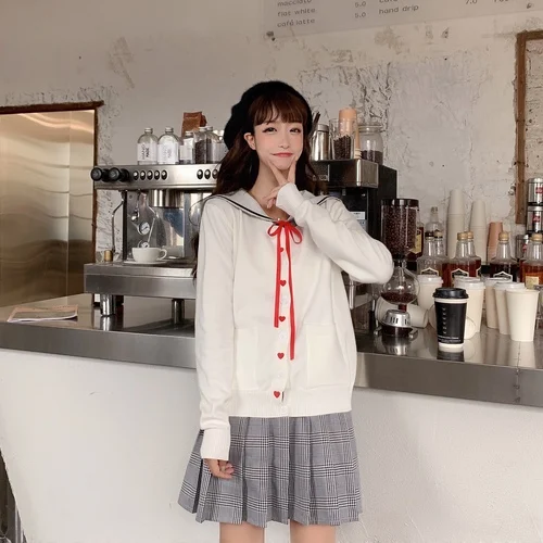 2 цвета, Новинка осени, Harajuku Kawaii свитер, топы, матросский воротник, вышитое сердце, женские свитера, милый вязаный кардиган на шнуровке