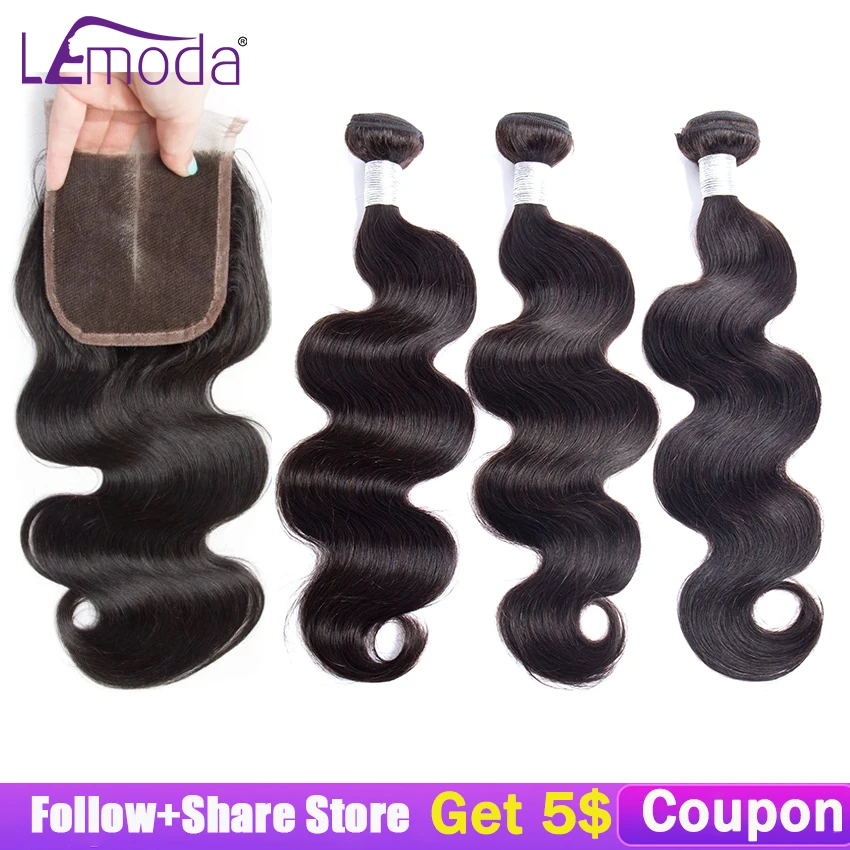 

LeModa 3 Bundles Peruvian Body Wave With Closure 100% Human Hair Bundles with Closure Remy Hair Extension Free Shipping