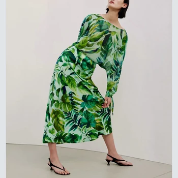 

2020 new women summer suits two piece set green flower printed V-neck elastic top& printed high waist pleated skirt