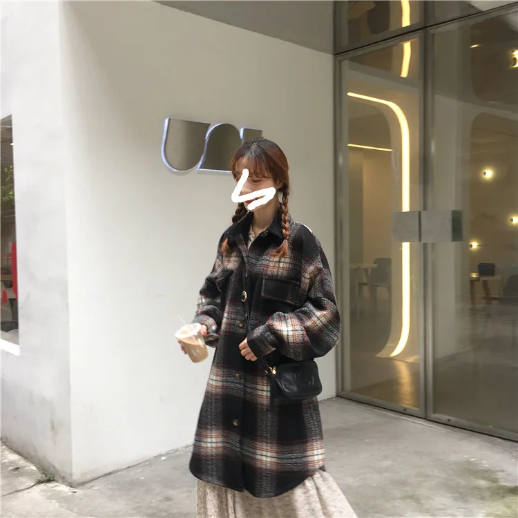 Шерстяное пальто для фотосессии, корейский стиль, свободный крой, лень, Ретро стиль, в клетку, выше колена, средней длины, пальто-рубашка, 9887