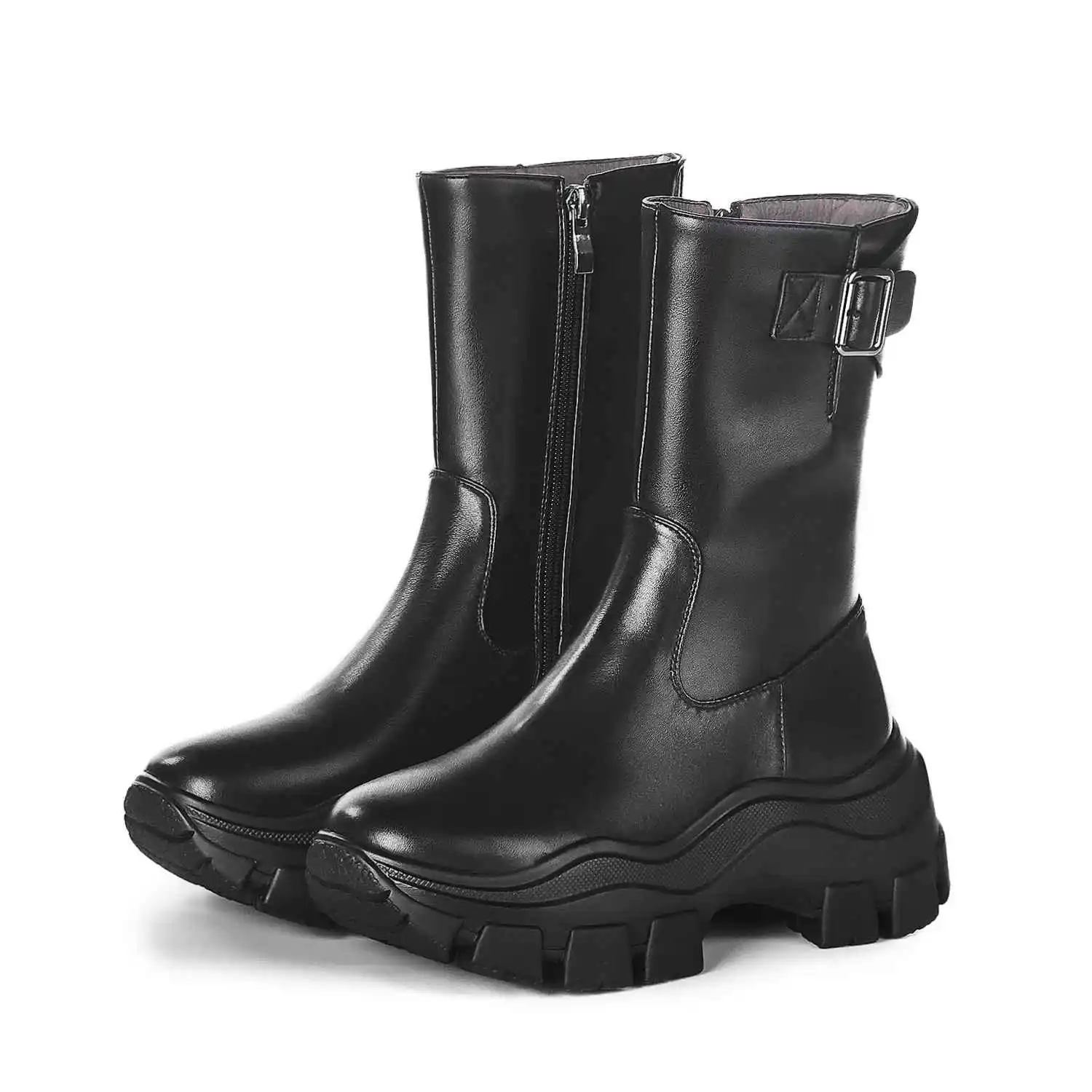 krazing pot cow leather motorcycles boots thick bottom high heels zipper metal buckle fasteners keep warm mid-calf boots L16